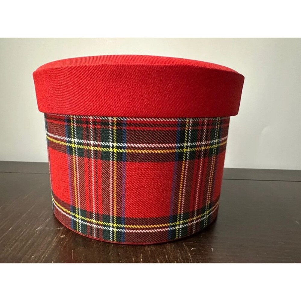 Vintage Red Tartan Plaid Round Fabric Covered Storage Keepsake Box Christmas